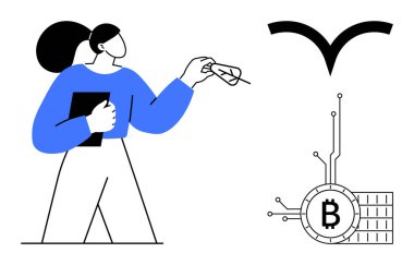 Elinde dosya ve kağıt uçak tutan kadın Bitcoin sembolü ve siyah kuş logosunun yanında duruyor. Finans, teknoloji, engelleme zinciri, kripto para birimleri ve modern iş için ideal. Çizgi film vektör tarzı. Mavi