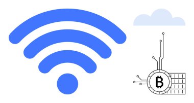 Bulutun yanında büyük mavi kablosuz sembol ve devrelerde Bitcoin sembolü. Teknoloji kripto para birimi ağı dijital finans engelleme zinciri için idealdir. Düz ve temiz vektör biçimi tasarımı kullanır