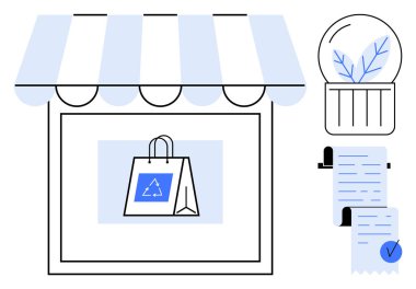 Geri dönüşüm sembollü alışveriş torbası, tamamlanmış makbuzlar ve cam kubbeye ekili bir depo. Sürdürülebilirlik, çevre dostu, geri dönüşüm, alışveriş ve perakende için ideal. Basit satır sanatı tarzı