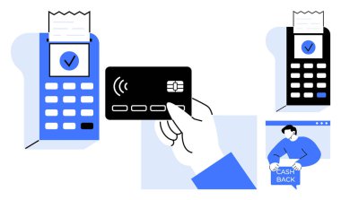 Satış noktasının yakınında elinde bir kredi kartı, içinde makbuzlar ve nakit paranın reklamını yapan bir şahıs. Çevrimiçi alışveriş, perakende alım satım işlemleri, dijital ödemeler ve geri ödeme teklifleri için ideal