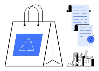 İçinde geri dönüşüm sembolü olan bir alışveriş çantası üzerinde çek işareti olan bir tomar makbuz ve küçük binalar. Sürdürülebilirlik, çevre dostu ürünler, çevre bilinci, yeşil yaşam, geri dönüşüm için ideal