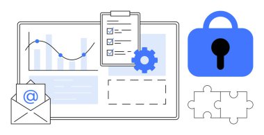 Kontrol listesi olan bir pano, içinde veri noktaları, zarf, kilit, teçhizat ve bulmaca parçaları olan çizelge. Veri güvenliği, e-posta yönetimi, analitik, problem çözme, iş stratejisi için ideal. Temiz, modern