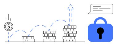 Madeni paralar güvenlik kilidi ile finansal büyümeyi gösteriyor ve minimalist bir tasarımla sohbet baloncuğu oluşturuyor. Finans, yatırım, tasarruf, güvenlik ve büyüme için ideal. Basit satır biçimi