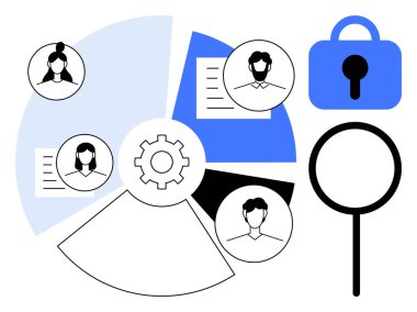 Kullanıcı profili simgelerine sahip bir pasta grafiği veri analizini temsil eder. Güvenlik için bir kilit sembolü ve arama için bir büyüteç içerir. Veri koruması, siber güvenlik, çevrimiçi mahremiyet ve kullanıcı için ideal