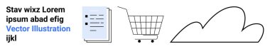 Belge, alışveriş arabası ve beyaz arka planda sıralanmış bulut taslağı. İş, teknoloji, e-ticaret, online alışveriş ve bulut hesaplama temaları için ideal. İniş sayfası için pankart