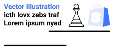 Bir satranç piyonu, bir alışveriş çantası ikonu ve yer tutucu metni. İş stratejisi, ekomünikasyon, alışveriş, pazarlama ve planlama için idealdir. İniş sayfası