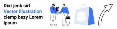 İki adam el sıkışıyor, üzerinde logo olan bir alışveriş çantası ve yukarı doğru bir ok. İş ortaklıkları, takım çalışması, e-ticaret, online alışveriş ve büyüme için ideal. İniş sayfası