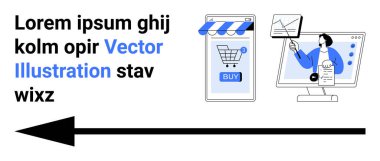 Soldaki metinde alışveriş arabasının düğmesini ve bilgisayar ekranında veri analiz eden bir kadını gösteren e-ticaret resmi var. Çevrimiçi alışveriş, veri analizi, dijital pazarlama, teknoloji ve iş için ideal