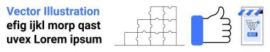 Basitleştirilmiş dijital pazarlama ve e-ticaret görsel başparmak işareti, yapboz parçaları ve bir alışveriş arabası. Çevrimiçi alışveriş, iş çözümleri, sosyal medya, tüketici geribildirimi için ideal