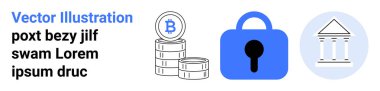 Bitcoin paraları yığını, anahtar delikli mavi bir asma kilit ve dijital bankacılık güvenliğini ve kripto para birimini simgeleyen geleneksel bir banka binası. Finans, güvenlik, fintech, bankacılık için ideal