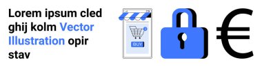 Alışveriş arabası ikonu, satın alma düğmesi, mavi asma kilit ve büyük bir avro sembolü olan akıllı telefon. Çevrimiçi alışveriş mobil ticareti finansal güvenlik ödeme yöntemleri ve dijital işlemler için ideal