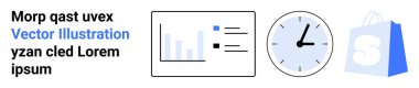 Basit bar çizelgesi ve saat simgesi ve alışveriş poşeti grafikli pasta tablosu. İş sunumları, veri görselleştirme, zaman yönetimi, e-ticaret ve pazarlama materyalleri için ideal. İniş sayfası