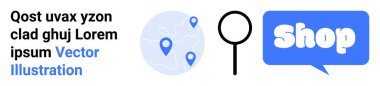 Haritadaki konum işaretlerinin sembolleri, bir büyüteç ve konuşma balonunda bir dükkan simgesi. Çevrimiçi alışveriş, e-ticaret, navigasyon, arama ve dijital pazarlama için ideal. İniş sayfası için pankart