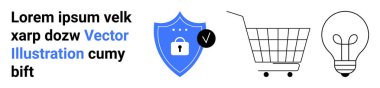 Kilitli mavi kalkan güvenliği temsil ediyor. Alışveriş arabası e-ticareti sembolize ediyor. Ampul fikirleri ve yenilikleri simgeliyor. Çevrimiçi alışveriş güvenliği, e-ticaret ve yenilikçi çözümler için ideal