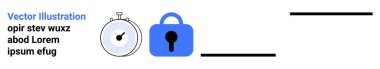 Stopwatch ve mavi kilit simgesi minimalist bir arkaplan üzerinde yer tutucu metin ile. Güvenlik hizmetleri verimlilik zamanı yönetimi kullanıcı kimlik doğrulaması ve veri koruması için ideal. İniş afişi