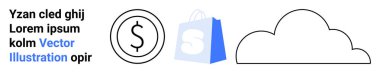 Bir dolar işareti, mavi ve beyaz alışveriş torbası ve bulut şeklinde üç sembol. Çevrimiçi alışveriş e-ticaret teknolojisi için ideal. Finansal hizmetler dijital pazarlama ve iş sahaları