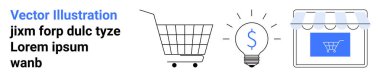 Dolar işareti olan bir alışveriş arabası ampulü ve güneşlikli bir vitrin. İnternet üzerinden alışveriş ve dijital pazarlama için ideal bir yer. İniş sayfası için pankart
