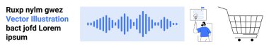Ortadaki mavi ses dalgası, sağdaki hoparlörlü adam ve alışveriş arabası. Pazarlama, iletişim, ecommerce, reklam ve teknoloji için ideal. İniş sayfası için pankart