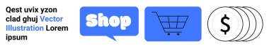 Üç sembol arasında bir Dükkan konuşma balonu, bir alışveriş arabası ve dolar işaretli paralar var. E-ticaret, çevrimiçi mağazalar, alışveriş, perakende, finansal işlemler için ideal. İniş sayfası için pankart