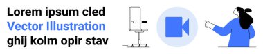 Ofis koltuğu, video çağrı ikonu ve işaret eden kişi. Uzaktan çalışma, dijital iletişim, sanal toplantılar, ev ofisi kurulumu, çevrimiçi işbirliği için ideal. İniş sayfası için pankart