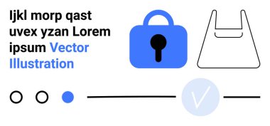 Mavi kilit, alışveriş poşeti ikonu, daireler, çizgiler ve metin ile birlikte güvenliği simgeler. Güvenlik, e-ticaret, teknoloji, dijital tasarım ve modernite için ideal. İniş sayfası için pankart