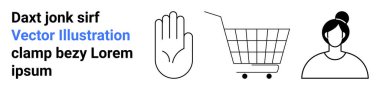 En az üç siyah beyaz simge bir el, bir alışveriş arabası ve bir kadın gösteriyor. Web tasarımı, e-ticaret, moda, dijital arayüzler ve modern estetik için ideal. İniş sayfası için pankart