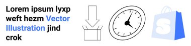 Bir kutu, bir saat ve bir alışveriş çantası dahil üç ikon. Çevrimiçi alışveriş, e-ticaret, dağıtım hizmetleri, lojistik ve zaman yönetimi için ideal. İniş sayfası