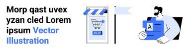 A harfli bir belgeyi elinde tutan kişinin yanındaki akıllı telefondan dijital alışveriş arabası. E-ticaret, içerik yönetimi, çevrimiçi alışveriş, dijital pazarlama, web geliştirme için ideal