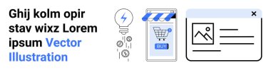 Ampul ve web arayüzü tasarım elementleriyle çevrimiçi market arabası. E-ticaret, dijital pazarlama, web tasarımı, internet sektörü ve yenilik için ideal. İniş sayfası için pankart