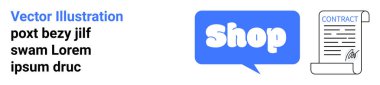 Bir dükkan konuşma balonu ve kontrat parşömenli dijital alışveriş konsepti. E-ticaret, çevrimiçi sözleşmeler, dijital imzalar, iş anlaşmaları ve sanal alışveriş platformları için ideal. Pankart