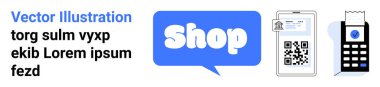 Konuşma balonlu bir ikon, QR kodlu bir fiş ve ödeme terminali. Çevrimiçi alışveriş, e-ticaret, dijital ödemeler, modern perakende satış ve teknoloji entegrasyonu için ideal. Bayrak inişi