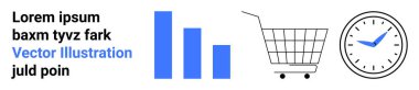 Bir bar çizelgesi, alışveriş arabası ve saat. Etrafı metin özeti veri analizi ve e-ticaret ile çevrili. İş stratejisi, pazarlama, zaman yönetimi, dijital satış, online alışveriş için ideal. Pankart