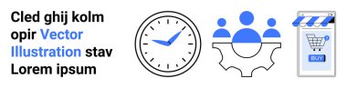 Saat ve takım, lorem ipsum metni olan online bir alışveriş ikonunun yanında. İş, verimlilik, takım çalışması, e-ticaret ve dijital pazarlama için ideal. İniş sayfası için pankart