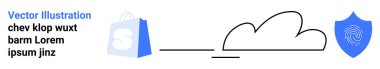Alışveriş poşeti simgesi, solda S harfi, ortada bulut simgesi, sağda parmak izi ikonu olan mavi kalkan. Çevrimiçi alışveriş, bulut bilgisayarı, veri koruması, e-ticaret için ideal