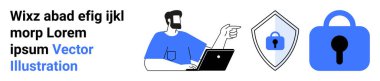 Bilgisayar işaretli kişiler, veri güvenliğini vurgulayan asma kilit ve kalkan sembollerine doğru gidiyor. Siber güvenlik, veri koruması, dijital mahremiyet, çevrimiçi güvenlik ve teknolojik çözümler için ideal. İniş afişi