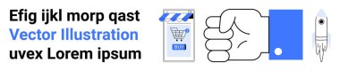 Güçlü bir yumruk, alışveriş uygulaması ve roket ticari yeniliği, online alışveriş, teknoloji ve yaratıcılığı sembolize eder. E-ticaret, dijital pazarlama, girişimler, teknoloji ve markalaşma için ideal. Pankart