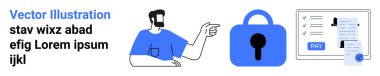 Büyük mavi bir asma kilidi ve dijital ödeme belgesini gösteren bir adam. Finans, teknoloji, çevrimiçi güvenlik, e-ticaret ve dijital işlemler için ideal. İniş sayfası için pankart
