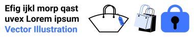 Üç şık çanta ve beyaz arka planda mavi kilit simgesi. Moda, e-ticaret, online alışveriş, güvenlik ve dijital pazarlama için ideal. İniş sayfası için pankart