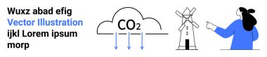 Oklu bir CO2 bulut diyagramı, bir yel değirmeni ve bir insan sürdürülebilir enerji çözümlerini ve karbon azaltımını sembolize eder. İklim değişikliği, yenilenebilir enerji, çevre, eğitim ve bilim için ideal