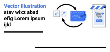 Mobil bir cihazda online bir alışveriş arabası, dijital bir cüzdan ve işlem okları kusursuz bir e-ticaret ve güvenli ödemeyi temsil ediyor. E-ticaret için ideal, dijital ödemeler, fintech, online