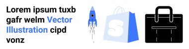 Basit düz dizayn. İçinde lorem ipsum metin, mavi bir roket, S harfli bir alışveriş çantası ve siyah bir evrak çantası var. E-ticaret, iş, girişim girişimleri, vektör grafikleri ve yaratıcılık için ideal