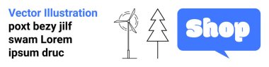 Rüzgar türbini, ağaç ve mavi konuşma baloncuğu içeren minimalist tasarım. E-ticaret, çevre dostu ürünler, yenilenebilir enerji, dijital pazarlama ve görsel içerik için ideal