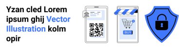 Akıllı telefon QR kodunu, seyyar alışveriş arabasını ve kalkanında kilit sembolünü gösteriyor. İnternet üzerinden alışveriş QR ödeme yöntemleri ve siber güvenlik için ideal. İniş sayfası için pankart