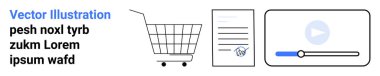 Alışveriş arabası, belge ve video öğeleri online alışveriş, dijital sözleşmeler ve e-öğrenmeyi sembolize ediyor. E-ticaret, eğitim, dijital pazarlama, multimedya ve teknoloji için ideal. İniş afişi