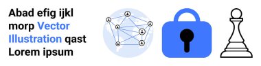 Ağ bağlantıları, mavi asma kilit ve satranç taşı bağlantıyı, güvenliği ve stratejiyi sembolize eder. Teknoloji, siber güvenlik, ağ kurmak, stratejik planlama için mükemmel. İniş sayfası için pankart