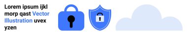 İki güvenlik simgesi, bir kilit ve bir kalkan, yanında mavi renkli bir bulut sembolü. Siber güvenlik, veri koruması, bulut hizmetleri, dijital güvenlik ve mahremiyet konuları için ideal. İniş afişi