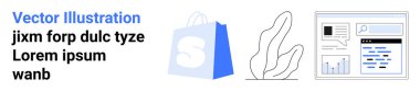S harfli alışveriş torbası, bitki taslağı ve çizelge ve grafiklerle dolu web sayfası düzeni. E-ticaret, online alışveriş, web tasarımı, iş analizleri ve dijital pazarlama için ideal. İniş sayfası