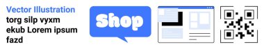 Bir Dükkan tuşu, web sayfası düzeni ve QR kodu içeriyor. Dijital ticaret, web tasarımı, çevrimiçi alışveriş, pazarlama ve perakende promosyonlar için ideal. İniş sayfası için pankart