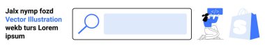 Büyüteç ikonu, karakter kodlaması ve alışveriş çantası olan bir arama barı. Web sitesi tasarımı, e-ticaret, online alışveriş, arama işlevselliği ve programlama için ideal. İniş sayfası