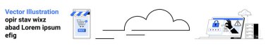 Minimalist tasarım, alışveriş arabası ikonu ve bulut çizgileri üzerinden birbirine bağlı siber güvenlik kilidi sembolleri olan bir bilgisayarı gösteriyor. Teknoloji için ideal, siber güvenlik, e-ticaret, bulut